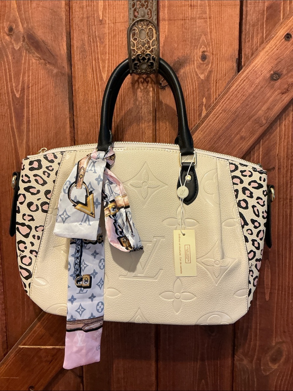 White Embossed Leather Tote with Black Handles
